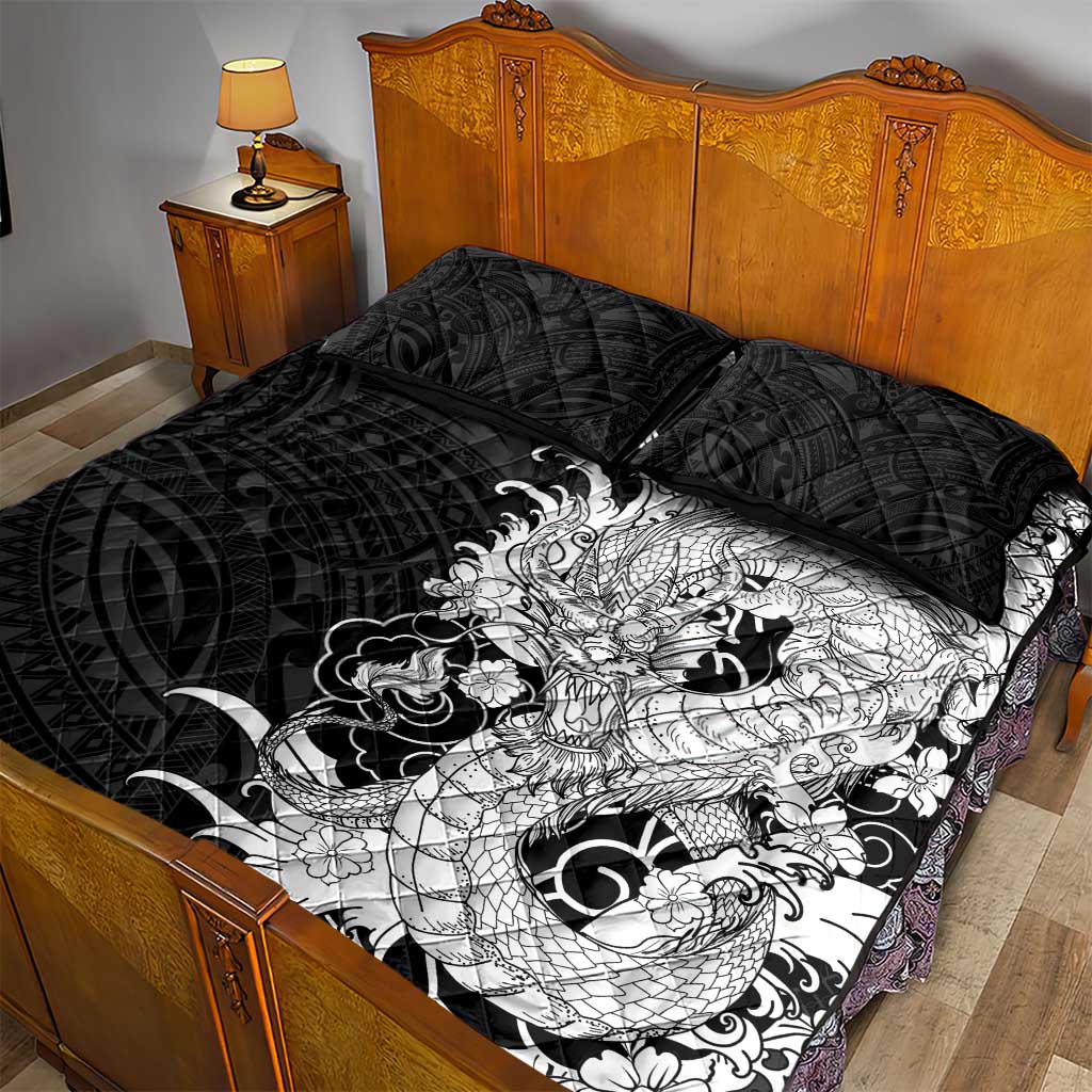 Hawaiian And Japanese Culture Quilt Bed Set Irezumi Dragon With Polynesian Pattern Black LT05 - Polynesian Pride