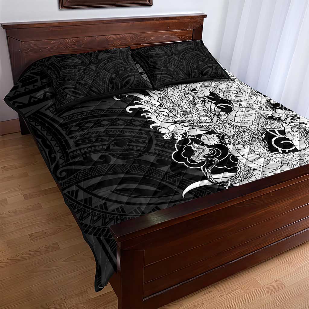 Hawaiian And Japanese Culture Quilt Bed Set Irezumi Dragon With Polynesian Pattern Black LT05 - Polynesian Pride