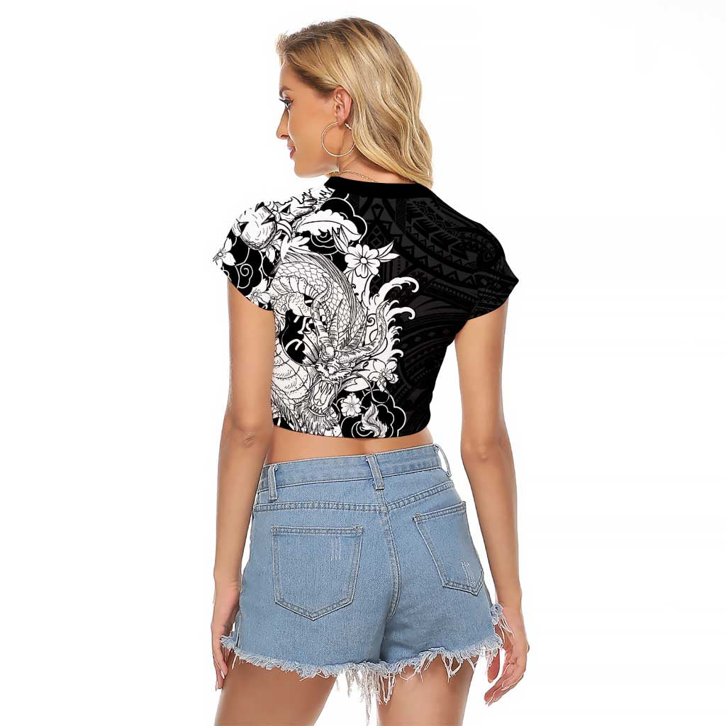 Hawaiian And Japanese Culture Raglan Cropped T Shirt Irezumi Dragon With Polynesian Pattern Black - Polynesian Pride