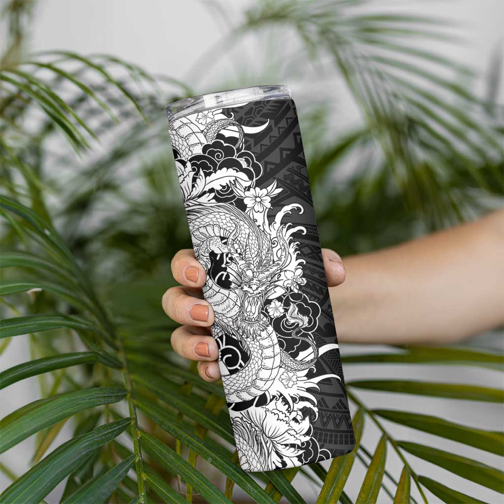 Hawaiian And Japanese Culture Skinny Tumbler Irezumi Dragon With Polynesian Pattern Black LT05 - Polynesian Pride