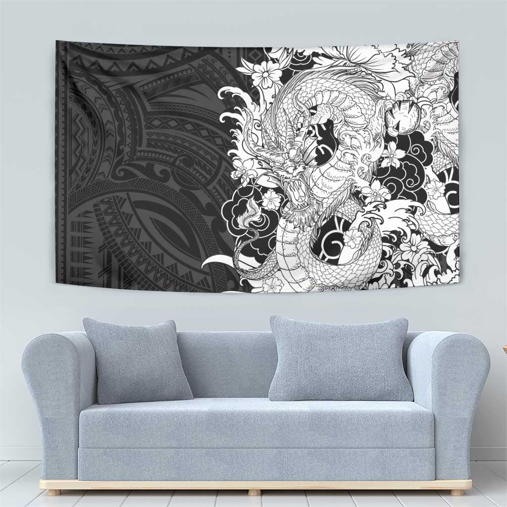 Hawaiian And Japanese Culture Tapestry Irezumi Dragon With Polynesian Pattern Black LT05 - Polynesian Pride