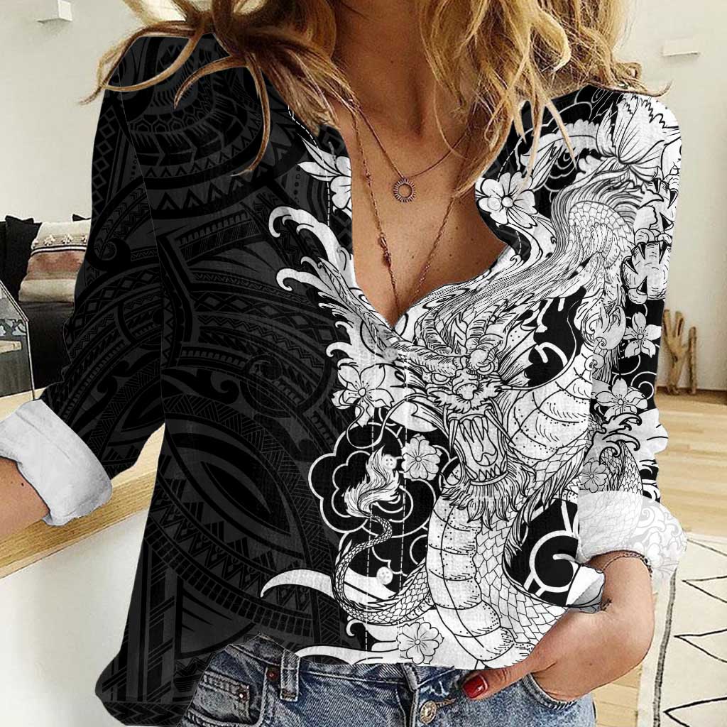 Hawaiian And Japanese Culture Women Casual Shirt Irezumi Dragon With Polynesian Pattern Black LT05 Female Black - Polynesian Pride