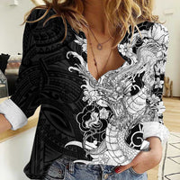Hawaiian And Japanese Culture Women Casual Shirt Irezumi Dragon With Polynesian Pattern Black LT05 Female Black - Polynesian Pride