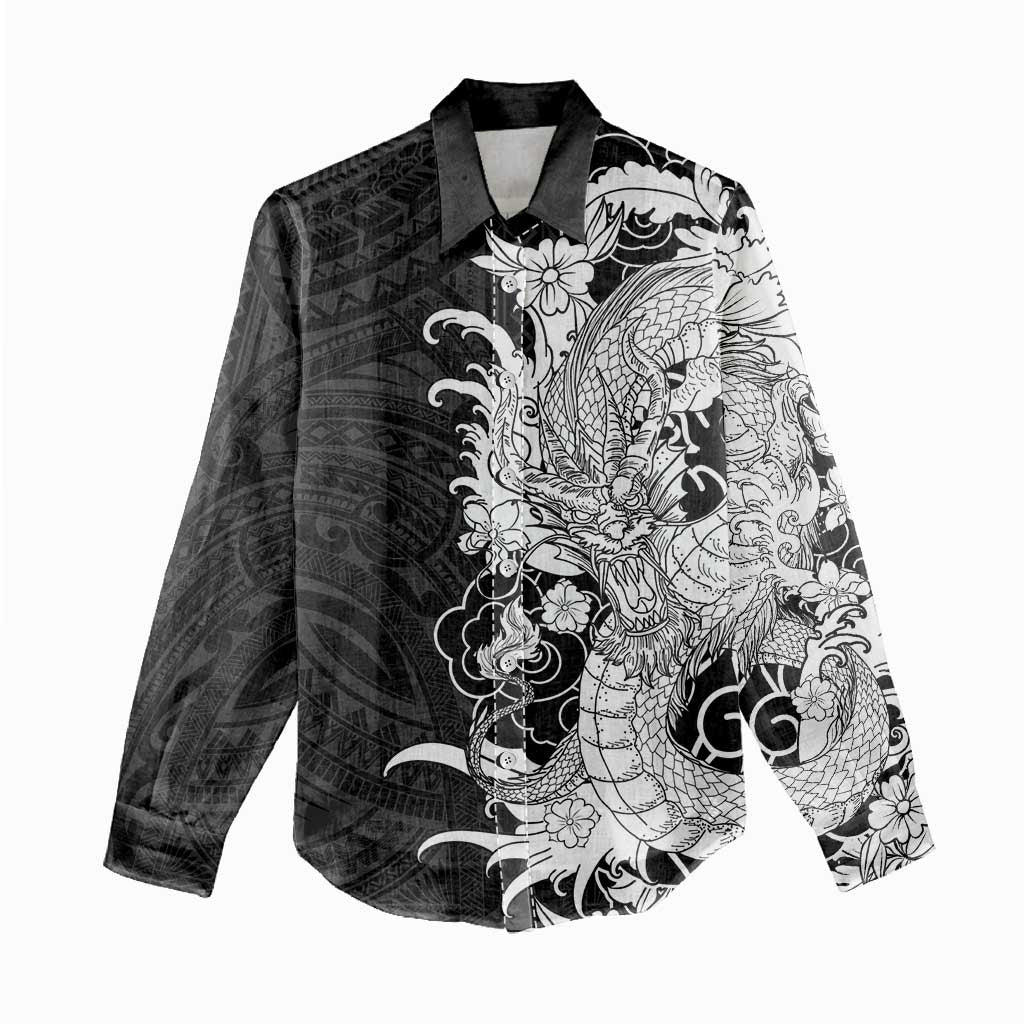 Hawaiian And Japanese Culture Women Casual Shirt Irezumi Dragon With Polynesian Pattern Black LT05 - Polynesian Pride