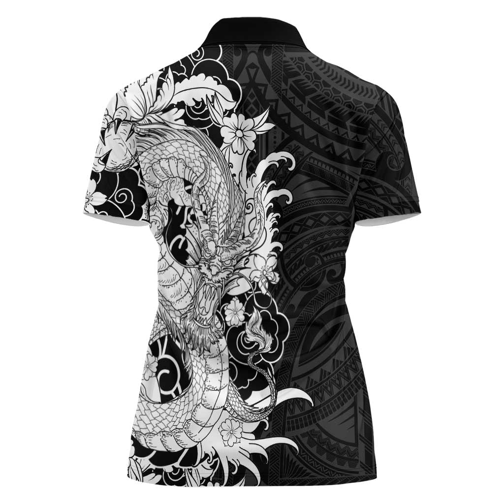 Hawaiian And Japanese Culture Women Polo Shirt Irezumi Dragon With Polynesian Pattern Black LT05 - Polynesian Pride
