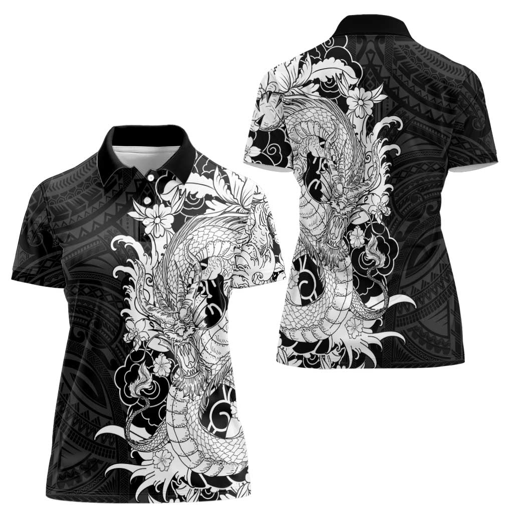 Hawaiian And Japanese Culture Women Polo Shirt Irezumi Dragon With Polynesian Pattern Black LT05 - Polynesian Pride