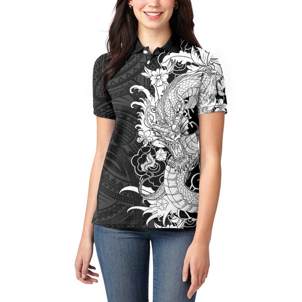Hawaiian And Japanese Culture Women Polo Shirt Irezumi Dragon With Polynesian Pattern Black LT05 - Polynesian Pride