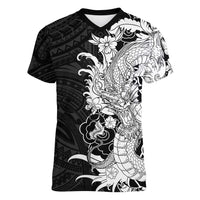 Hawaiian And Japanese Culture Women V-Neck T-Shirt Irezumi Dragon With Polynesian Pattern Black LT05 Female Black - Polynesian Pride
