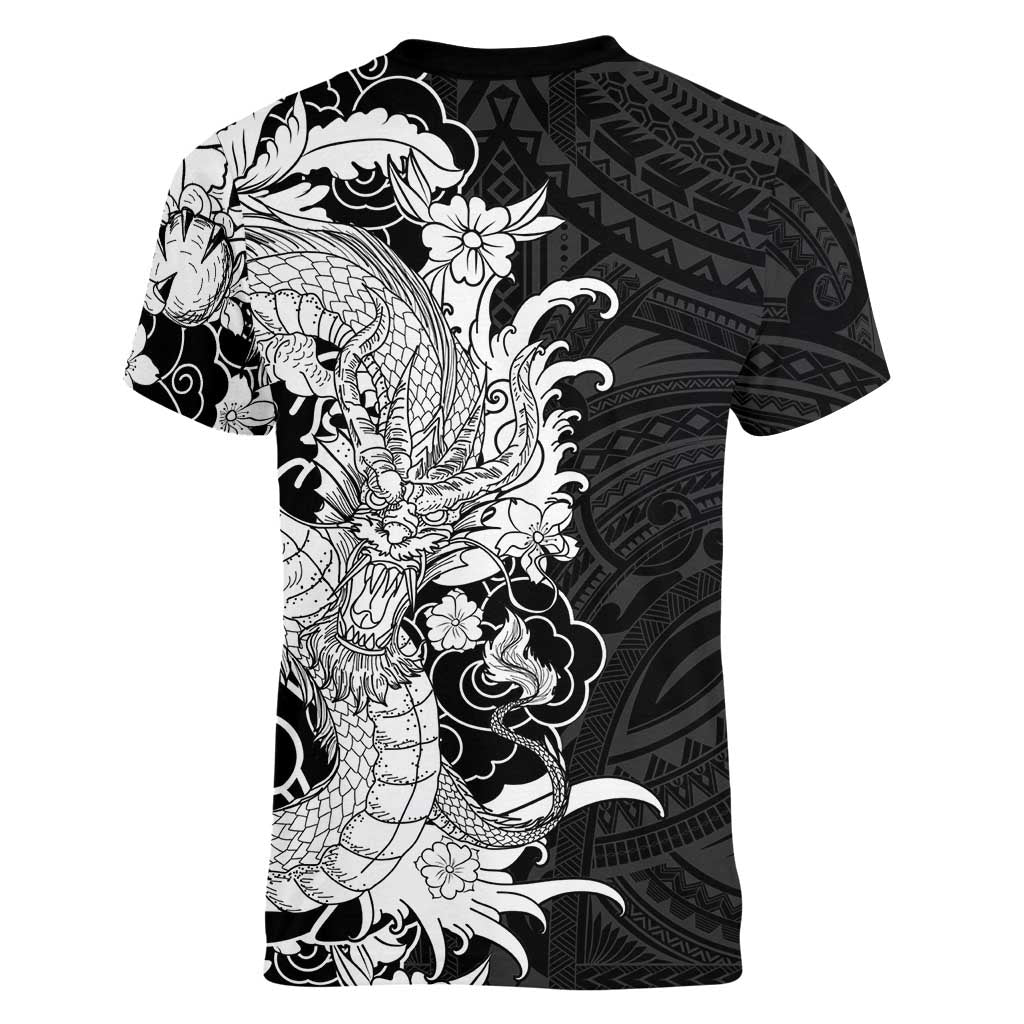 Hawaiian And Japanese Culture Women V-Neck T-Shirt Irezumi Dragon With Polynesian Pattern Black LT05 - Polynesian Pride