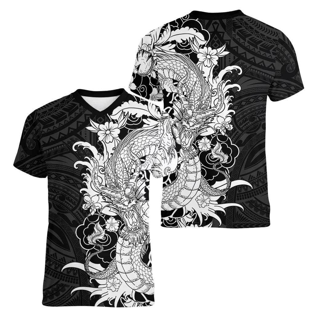 Hawaiian And Japanese Culture Women V-Neck T-Shirt Irezumi Dragon With Polynesian Pattern Black LT05 - Polynesian Pride