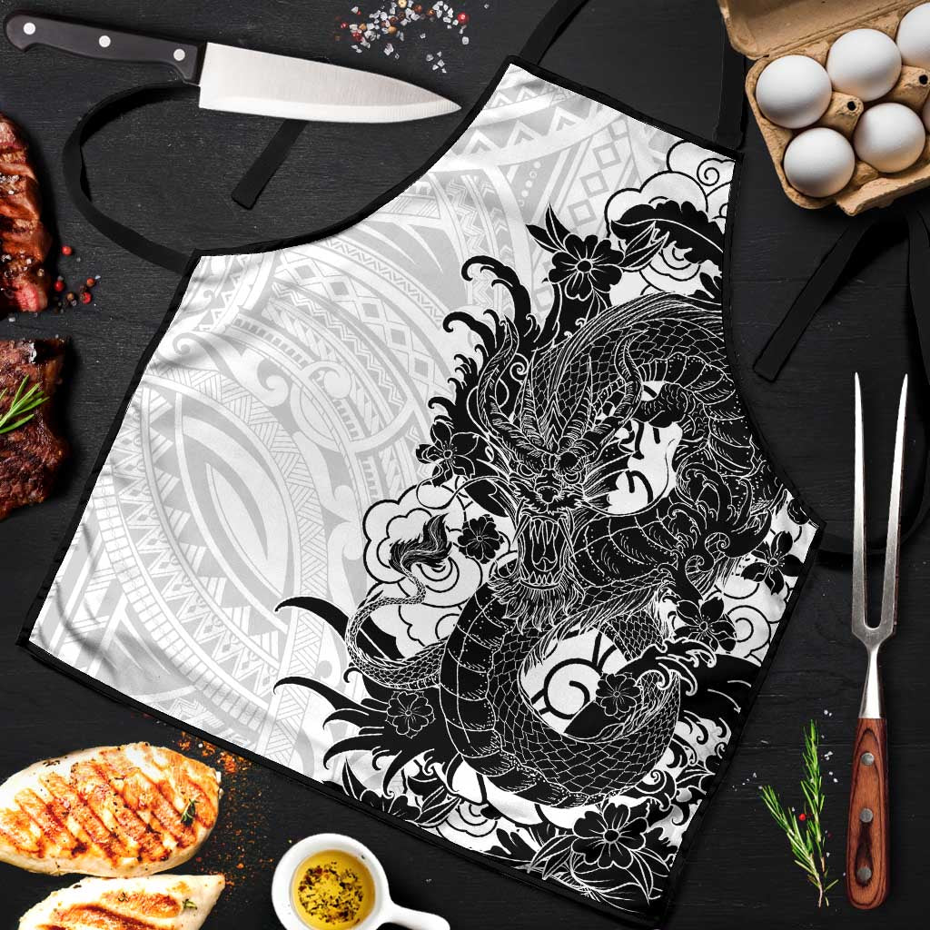 Hawaiian And Japanese Culture Apron Irezumi Dragon With Polynesian Pattern White LT05 White - Polynesian Pride