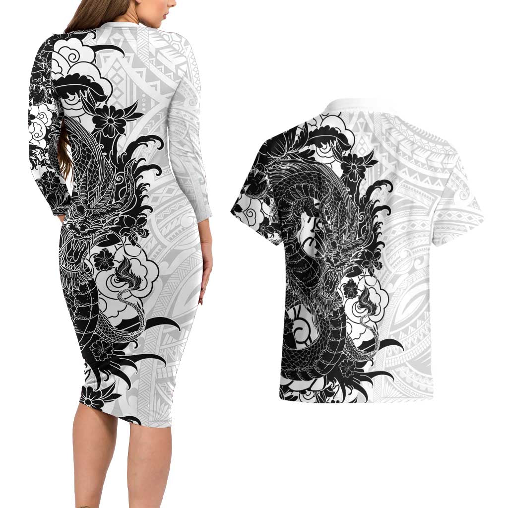 Hawaiian And Japanese Culture Couples Matching Long Sleeve Bodycon Dress and Hawaiian Shirt Irezumi Dragon With Polynesian Pattern White LT05 - Polynesian Pride