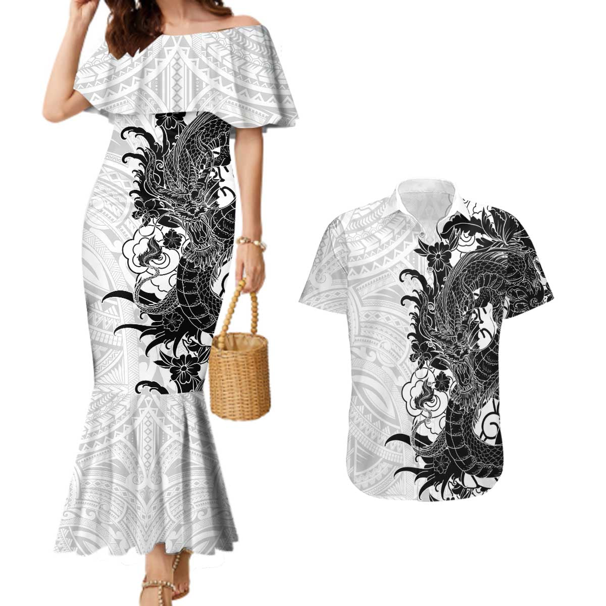 Hawaiian And Japanese Culture Couples Matching Mermaid Dress and Hawaiian Shirt Irezumi Dragon With Polynesian Pattern White LT05 White - Polynesian Pride
