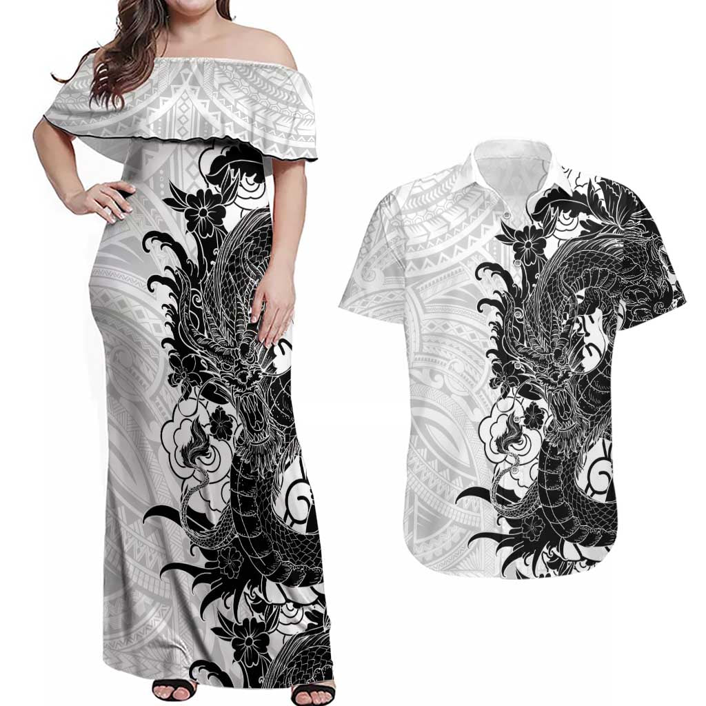 Hawaiian And Japanese Culture Couples Matching Off Shoulder Maxi Dress and Hawaiian Shirt Irezumi Dragon With Polynesian Pattern White LT05 White - Polynesian Pride