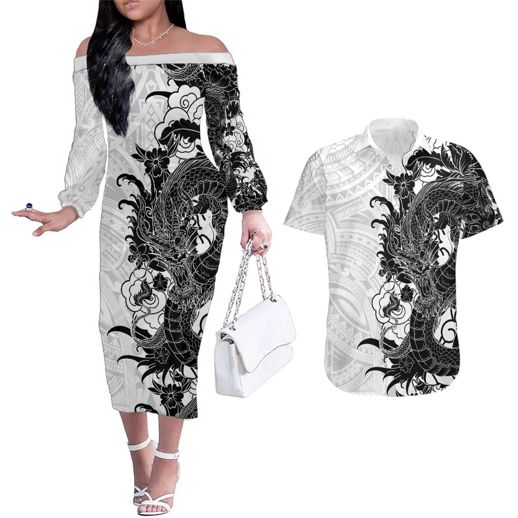 Hawaiian And Japanese Culture Couples Matching Off The Shoulder Long Sleeve Dress and Hawaiian Shirt Irezumi Dragon With Polynesian Pattern White LT05 White - Polynesian Pride