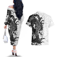 Hawaiian And Japanese Culture Couples Matching Off The Shoulder Long Sleeve Dress and Hawaiian Shirt Irezumi Dragon With Polynesian Pattern White LT05 - Polynesian Pride