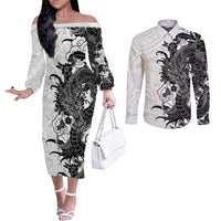 Hawaiian And Japanese Culture Couples Matching Off The Shoulder Long Sleeve Dress and Long Sleeve Button Shirt Irezumi Dragon With Polynesian Pattern White LT05 White - Polynesian Pride