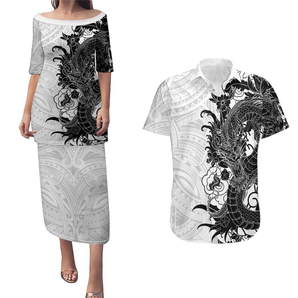 Hawaiian And Japanese Culture Couples Matching Puletasi and Hawaiian Shirt Irezumi Dragon With Polynesian Pattern White LT05 White - Polynesian Pride