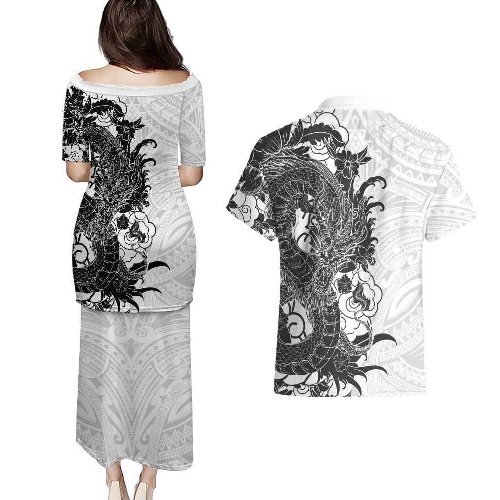 Hawaiian And Japanese Culture Couples Matching Puletasi and Hawaiian Shirt Irezumi Dragon With Polynesian Pattern White LT05 - Polynesian Pride