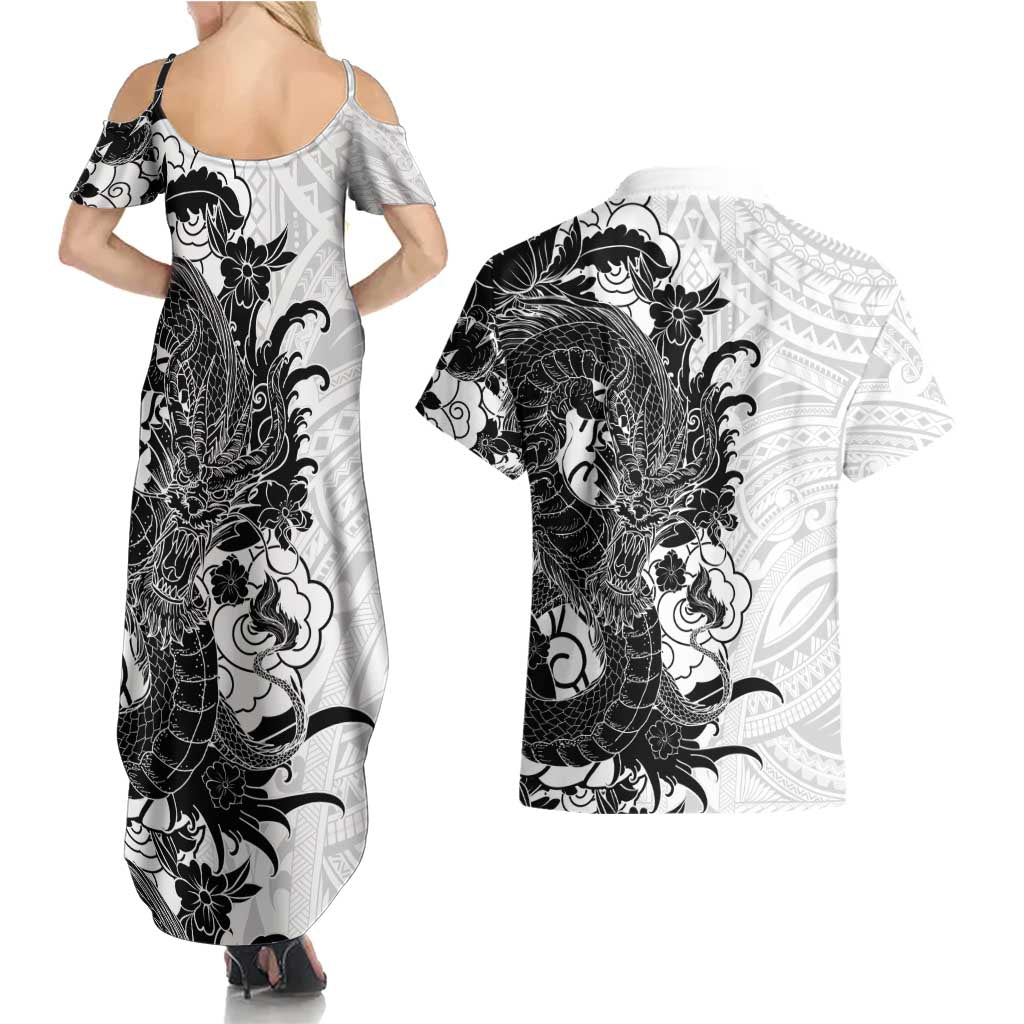 Hawaiian And Japanese Culture Couples Matching Summer Maxi Dress and Hawaiian Shirt Irezumi Dragon With Polynesian Pattern White LT05 - Polynesian Pride