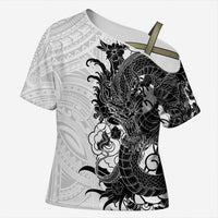 Hawaiian And Japanese Culture Cross Shoulder Shirt Irezumi Dragon With Polynesian Pattern White - Polynesian Pride