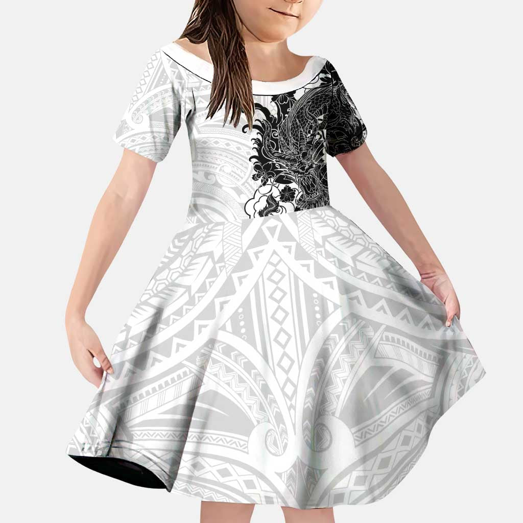 Hawaiian And Japanese Culture Family Matching Off The Shoulder Long Sleeve Dress and Hawaiian Shirt Irezumi Dragon With Polynesian Pattern White LT05 Daughter's Dress White - Polynesian Pride