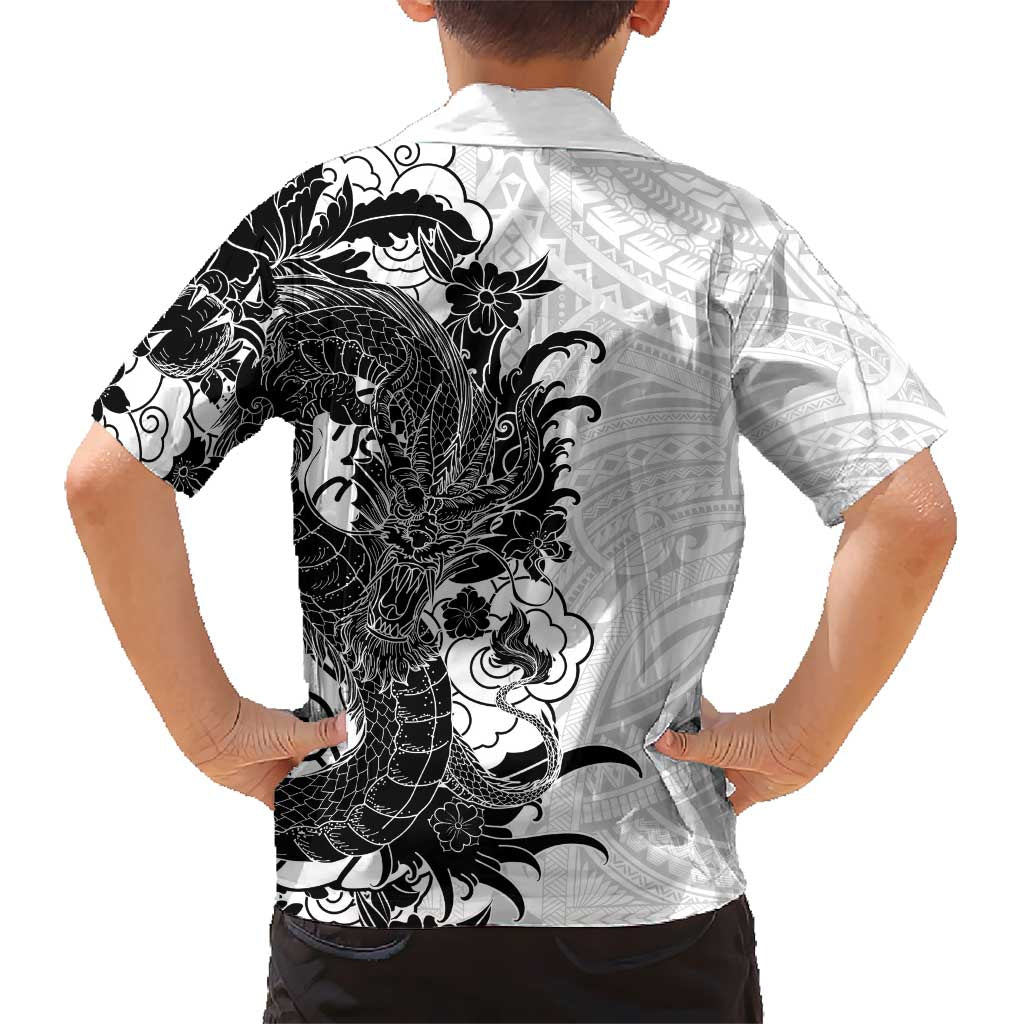 Hawaiian And Japanese Culture Family Matching Off Shoulder Maxi Dress and Hawaiian Shirt Irezumi Dragon With Polynesian Pattern White LT05 - Polynesian Pride