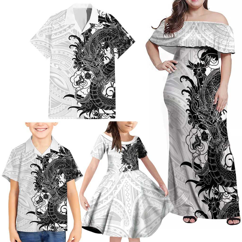 Hawaiian And Japanese Culture Family Matching Off Shoulder Maxi Dress and Hawaiian Shirt Irezumi Dragon With Polynesian Pattern White LT05 - Polynesian Pride