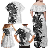Hawaiian And Japanese Culture Family Matching Off Shoulder Maxi Dress and Hawaiian Shirt Irezumi Dragon With Polynesian Pattern White LT05 - Polynesian Pride