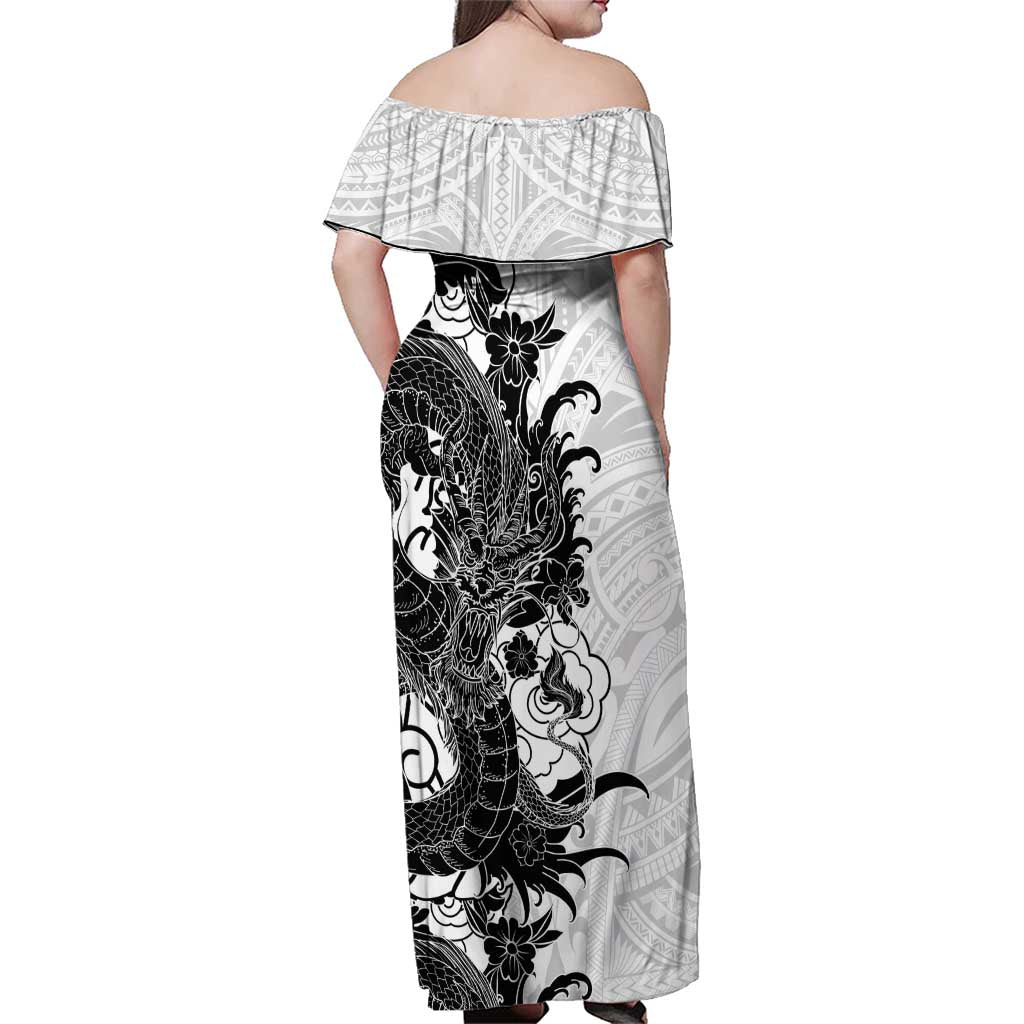 Hawaiian And Japanese Culture Family Matching Off Shoulder Maxi Dress and Hawaiian Shirt Irezumi Dragon With Polynesian Pattern White LT05 - Polynesian Pride