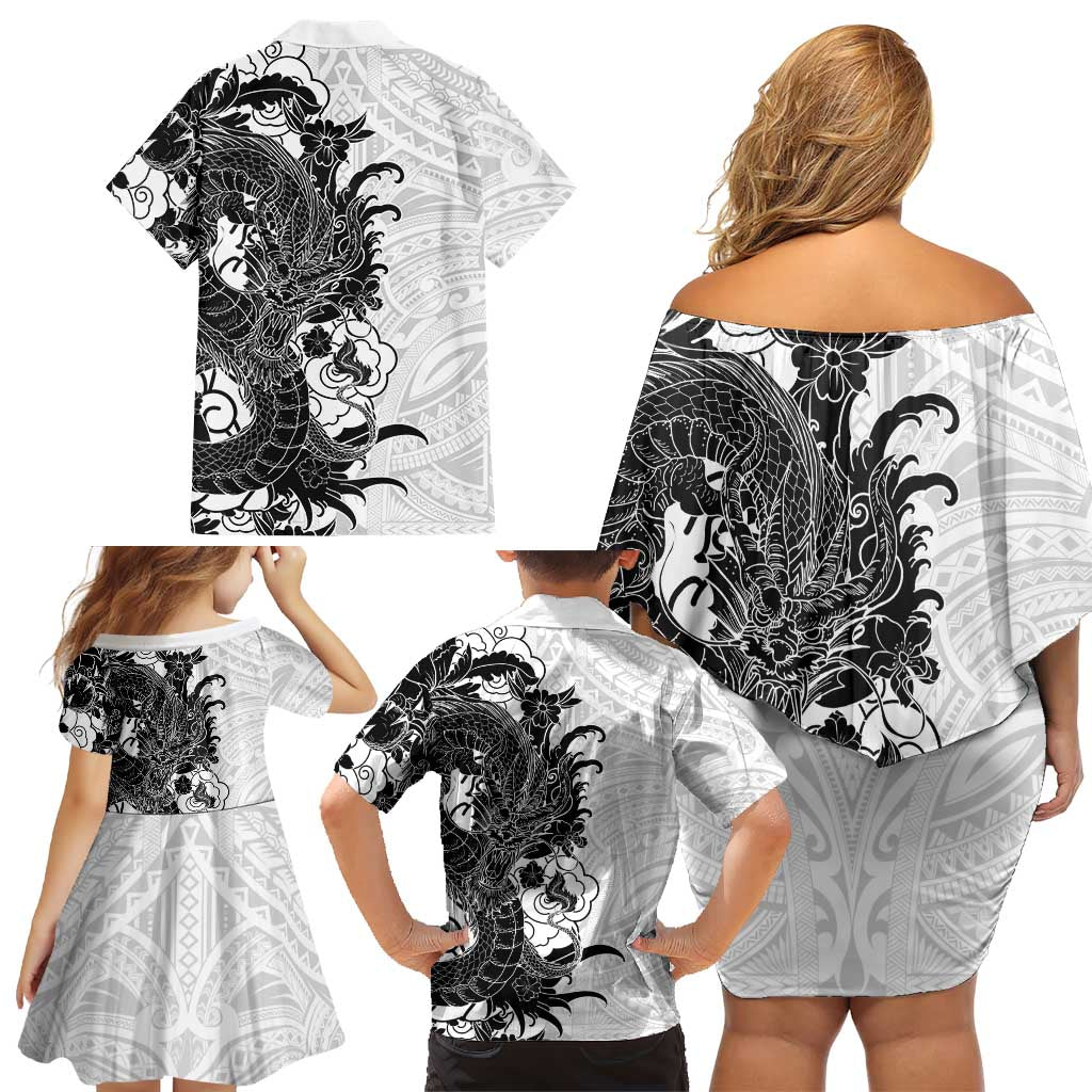 Hawaiian And Japanese Culture Family Matching Off Shoulder Short Dress and Hawaiian Shirt Irezumi Dragon With Polynesian Pattern White LT05 - Polynesian Pride