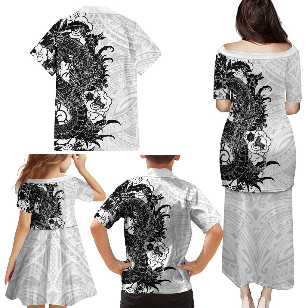 Hawaiian And Japanese Culture Family Matching Puletasi and Hawaiian Shirt Irezumi Dragon With Polynesian Pattern White LT05 - Polynesian Pride