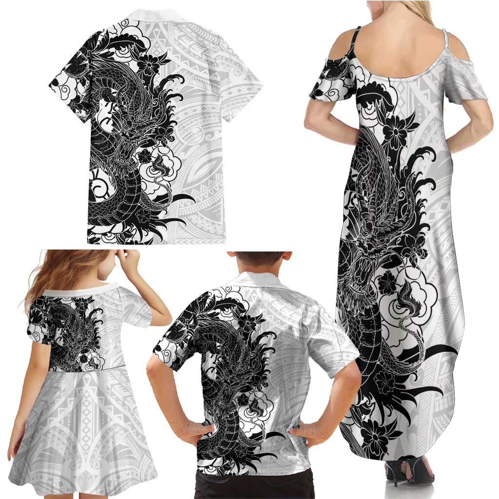 Hawaiian And Japanese Culture Family Matching Summer Maxi Dress and Hawaiian Shirt Irezumi Dragon With Polynesian Pattern White LT05 - Polynesian Pride
