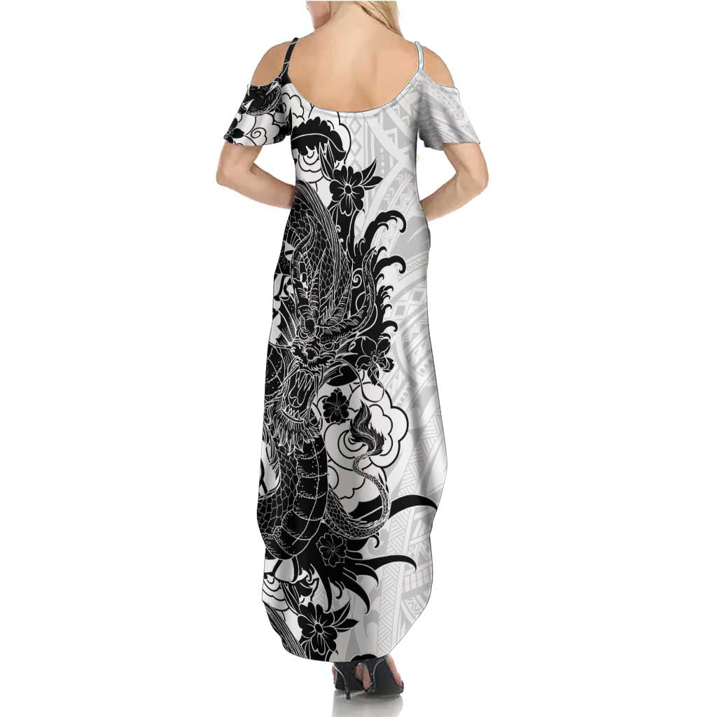 Hawaiian And Japanese Culture Family Matching Summer Maxi Dress and Hawaiian Shirt Irezumi Dragon With Polynesian Pattern White LT05 - Polynesian Pride