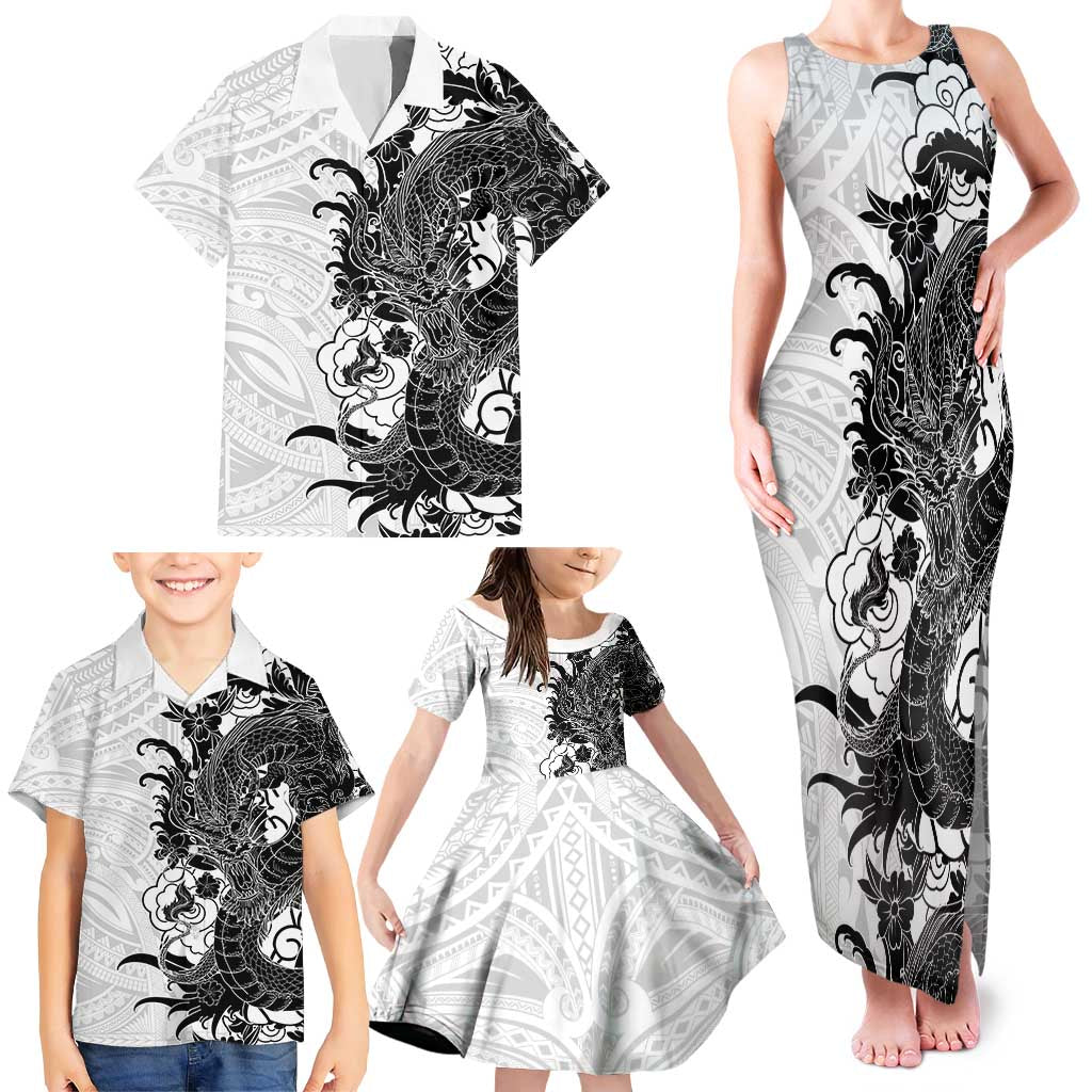 Hawaiian And Japanese Culture Family Matching Tank Maxi Dress and Hawaiian Shirt Irezumi Dragon With Polynesian Pattern White LT05 - Polynesian Pride