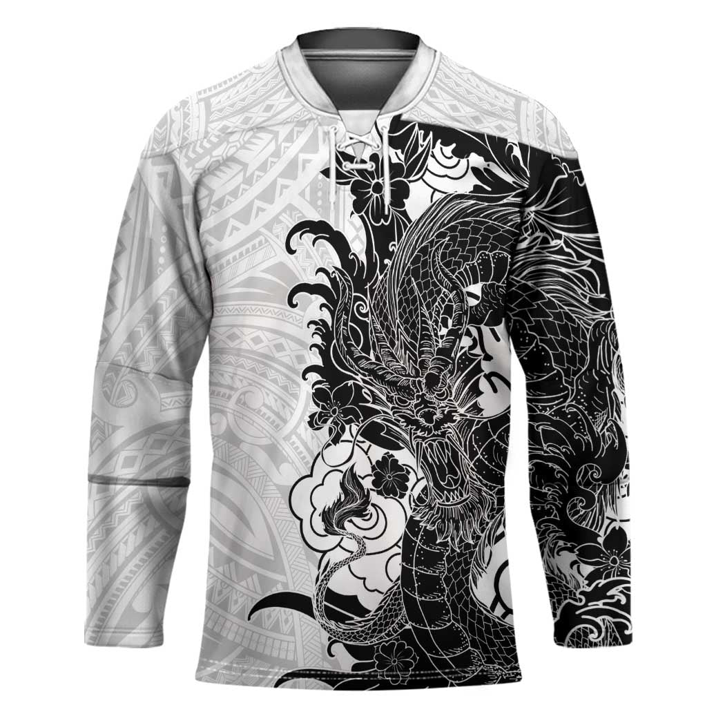 Hawaiian And Japanese Culture Hockey Jersey Irezumi Dragon With Polynesian Pattern White - Polynesian Pride