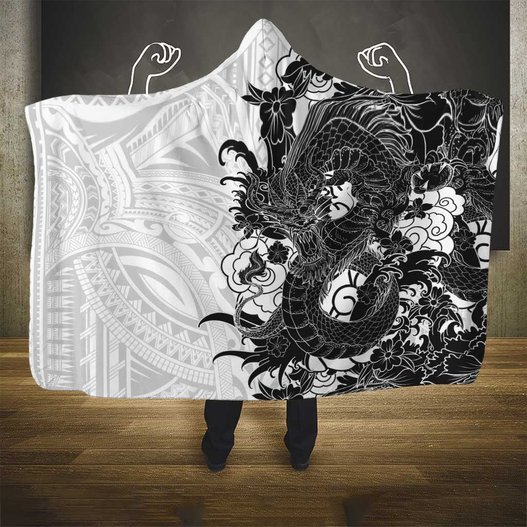 Hawaiian And Japanese Culture Hooded Blanket Irezumi Dragon With Polynesian Pattern White - Polynesian Pride