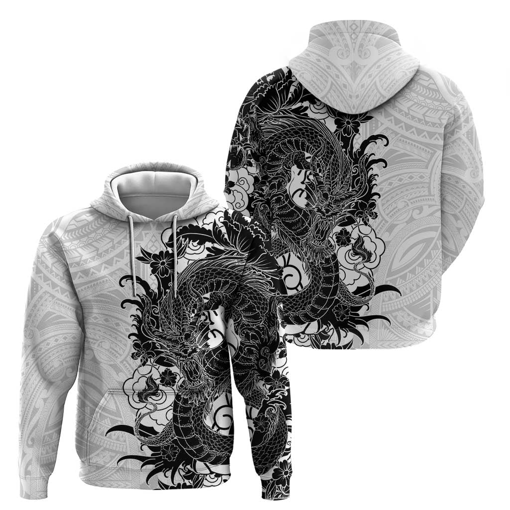 Hawaiian And Japanese Culture Hoodie Irezumi Dragon With Polynesian Pattern White - Polynesian Pride