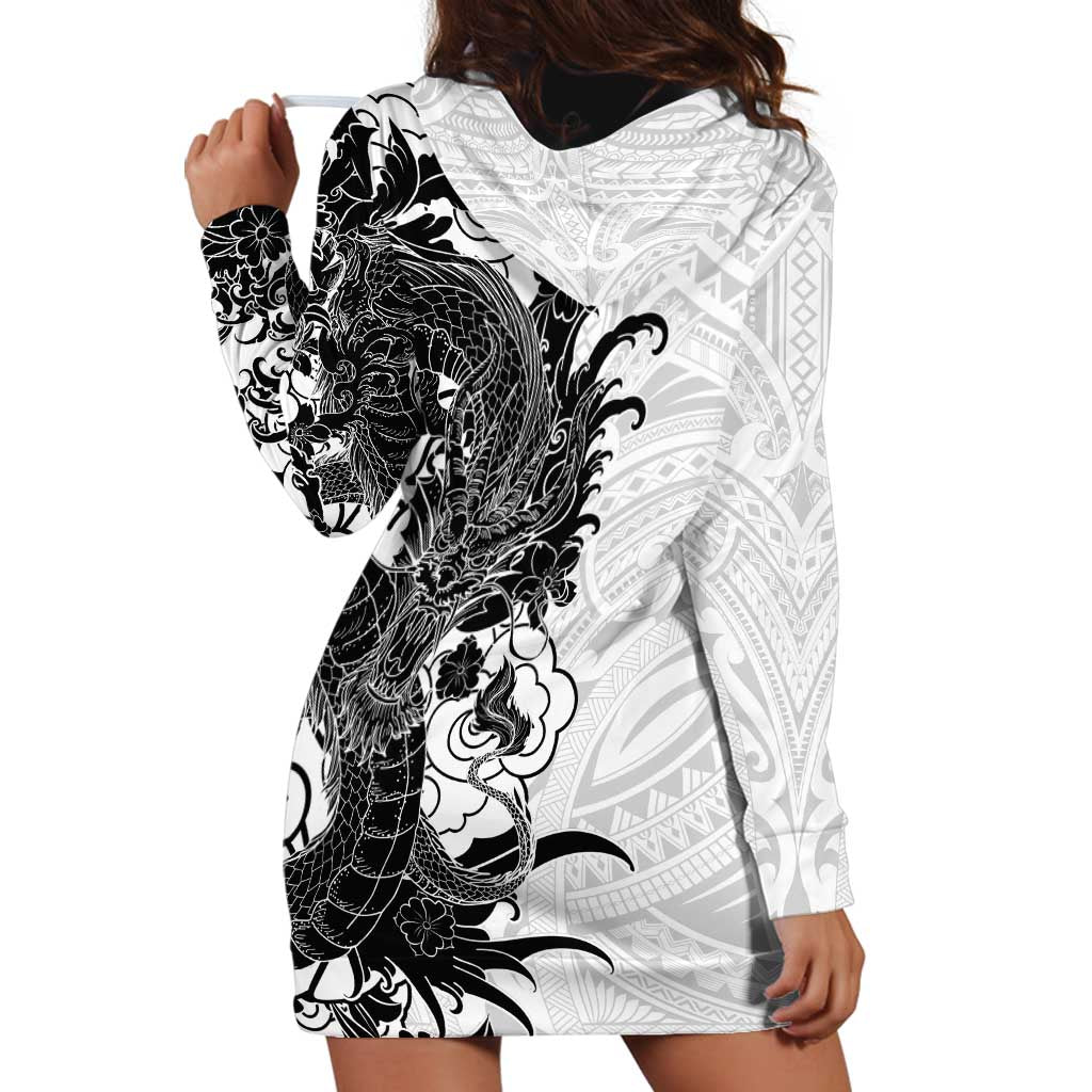 Hawaiian And Japanese Culture Hoodie Dress Irezumi Dragon With Polynesian Pattern White LT05 - Polynesian Pride