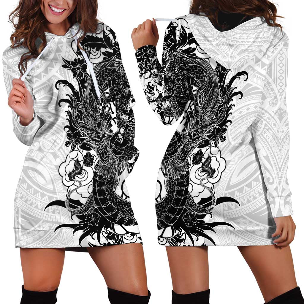 Hawaiian And Japanese Culture Hoodie Dress Irezumi Dragon With Polynesian Pattern White LT05 - Polynesian Pride