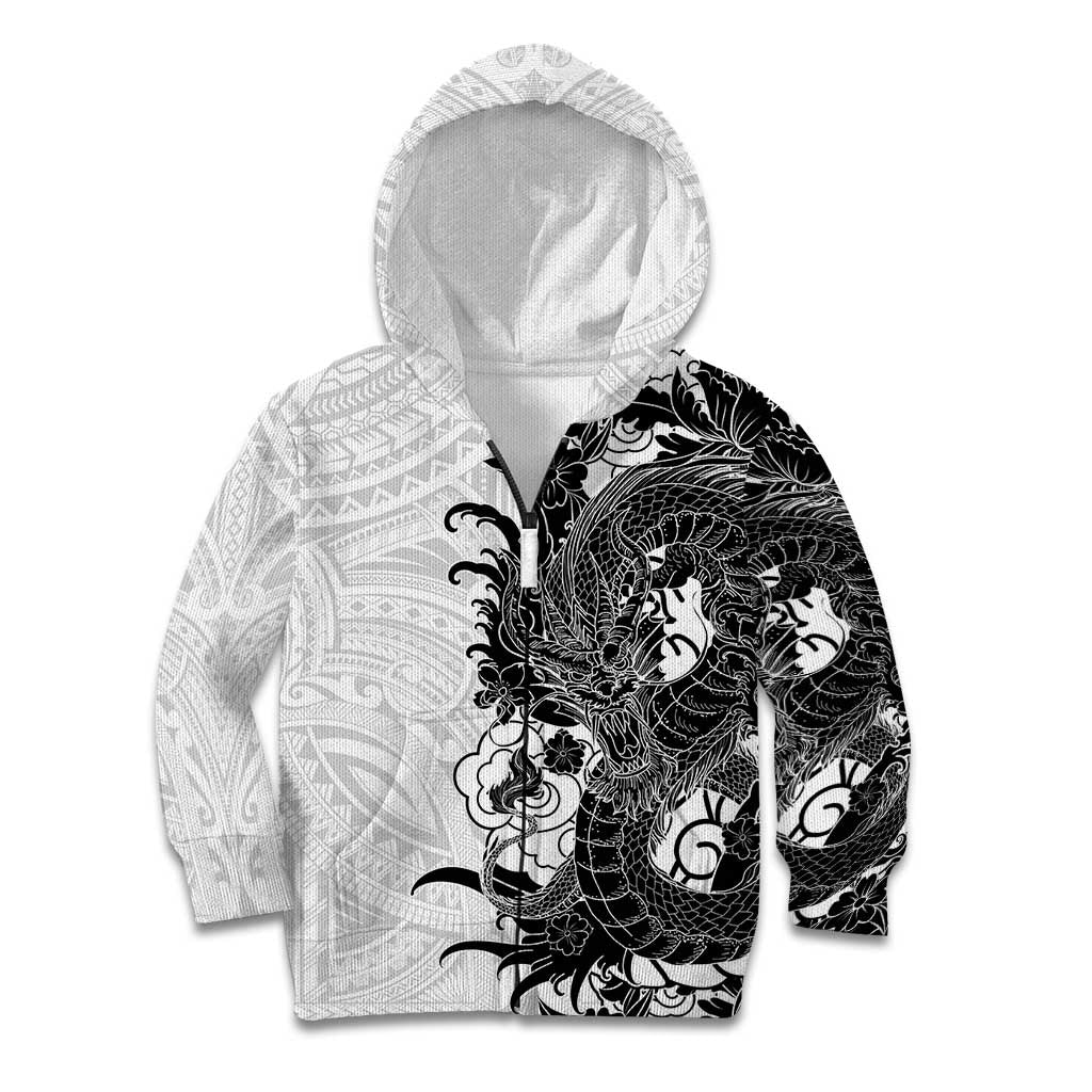 Hawaiian And Japanese Culture Kid Hoodie Irezumi Dragon With Polynesian Pattern White LT05 Zip Hoodie White - Polynesian Pride