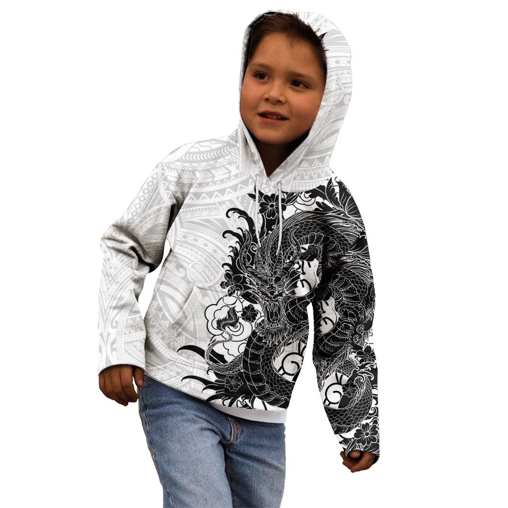 Hawaiian And Japanese Culture Kid Hoodie Irezumi Dragon With Polynesian Pattern White LT05 - Polynesian Pride