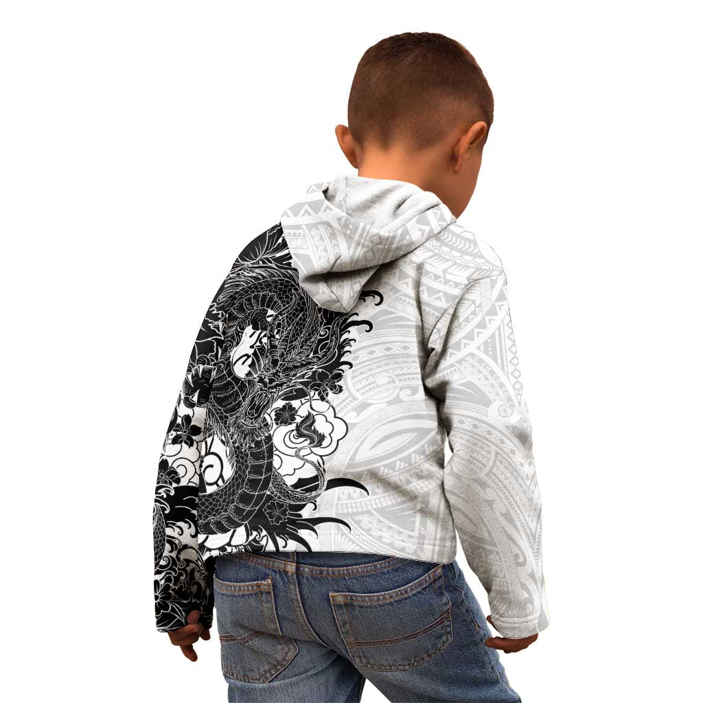 Hawaiian And Japanese Culture Kid Hoodie Irezumi Dragon With Polynesian Pattern White LT05 - Polynesian Pride