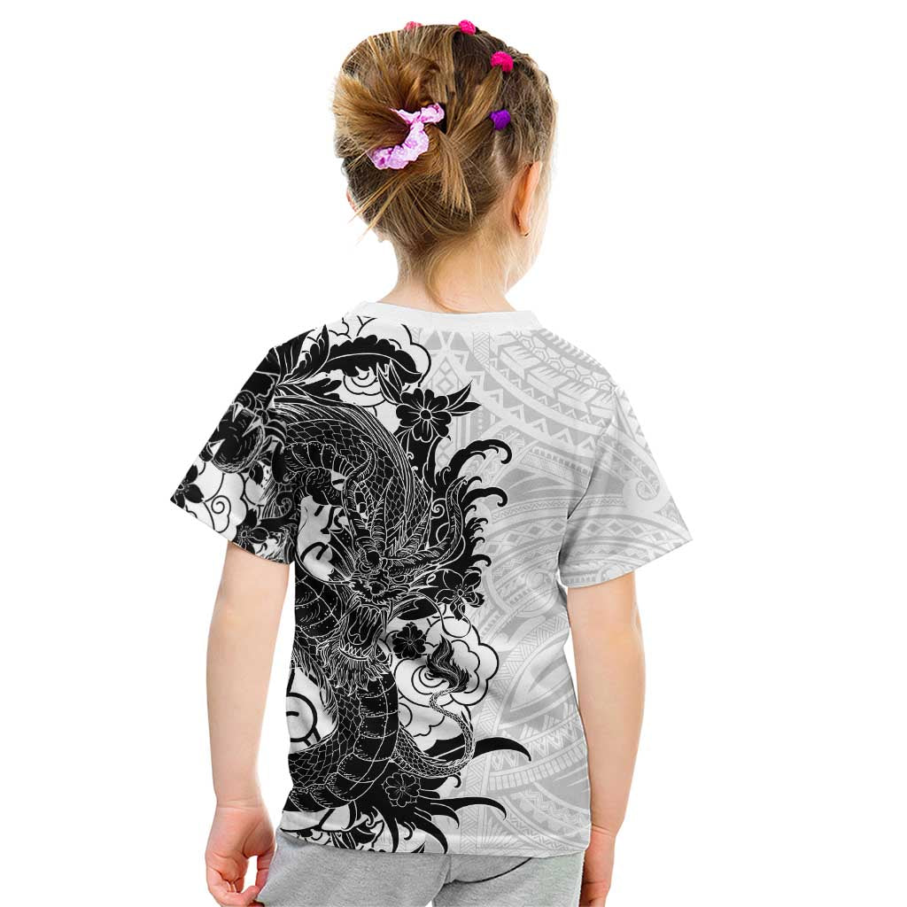 Hawaiian And Japanese Culture Kid T Shirt Irezumi Dragon With Polynesian Pattern White LT05 - Polynesian Pride