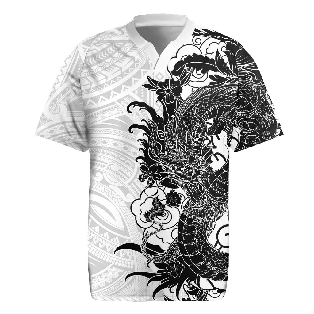 Hawaiian And Japanese Culture Rugby Jersey Irezumi Dragon With Polynesian Pattern White LT05 White - Polynesian Pride