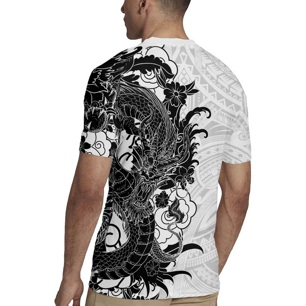 Hawaiian And Japanese Culture Rugby Jersey Irezumi Dragon With Polynesian Pattern White LT05 - Polynesian Pride