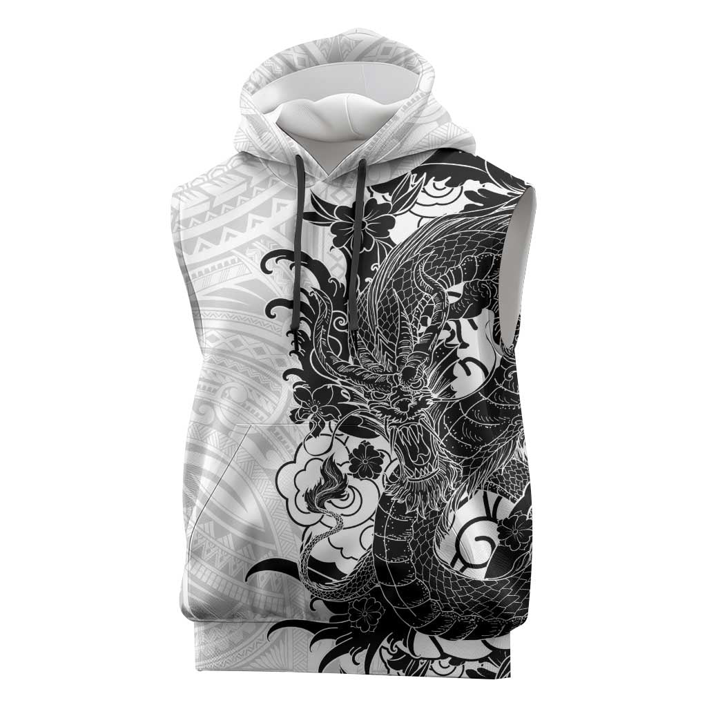 Hawaiian And Japanese Culture Sleeveless Hoodie Irezumi Dragon With Polynesian Pattern White LT05 White - Polynesian Pride