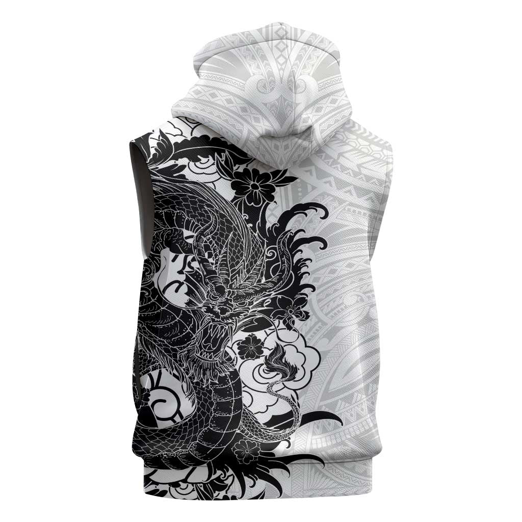 Hawaiian And Japanese Culture Sleeveless Hoodie Irezumi Dragon With Polynesian Pattern White LT05 - Polynesian Pride