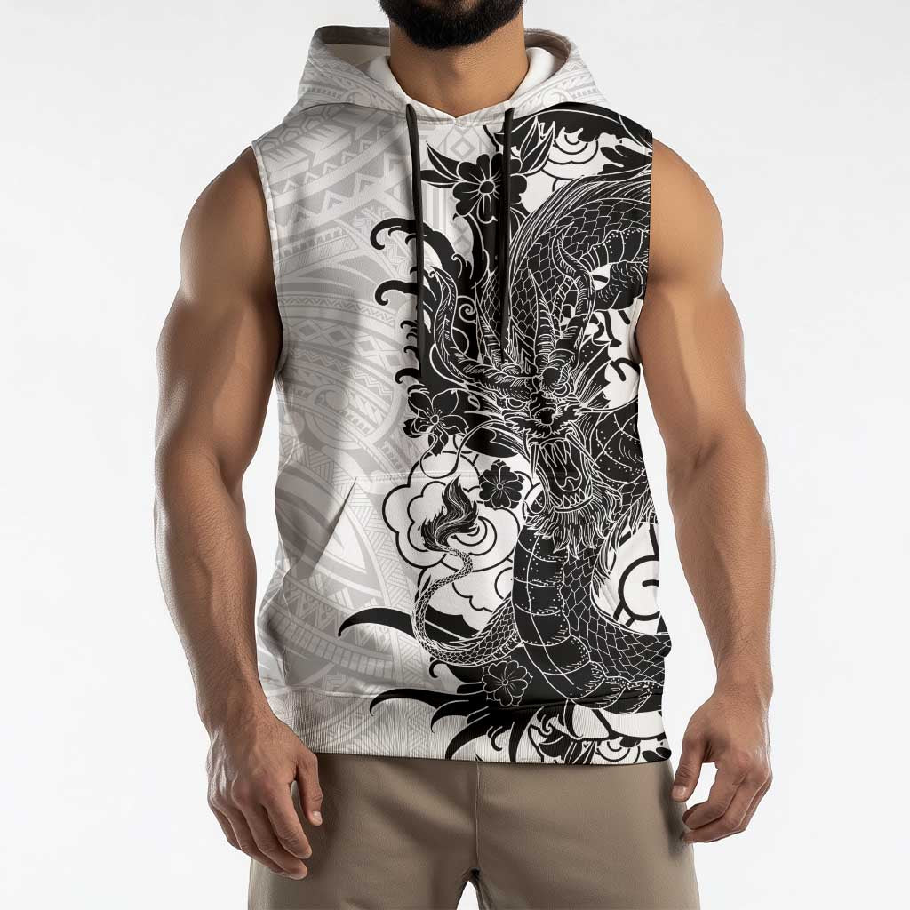 Hawaiian And Japanese Culture Sleeveless Hoodie Irezumi Dragon With Polynesian Pattern White LT05 - Polynesian Pride