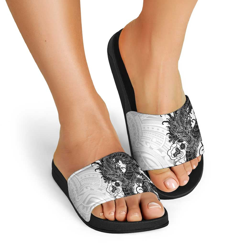 Hawaiian And Japanese Culture Slide Sandals Irezumi Dragon With Polynesian Pattern White - Polynesian Pride